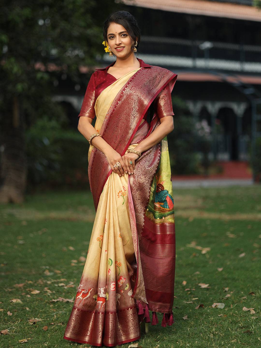 Pichwai Print Zari Weaving Pallu Saree In Yellow Colour - Luxe