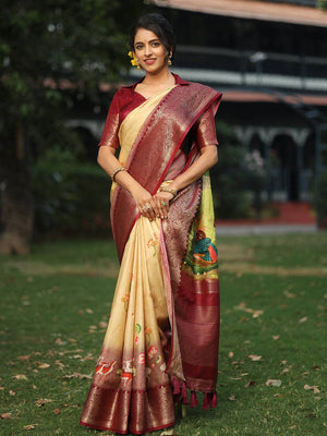 Pichwai Print Zari Weaving Pallu Saree In Yellow Colour - Luxe