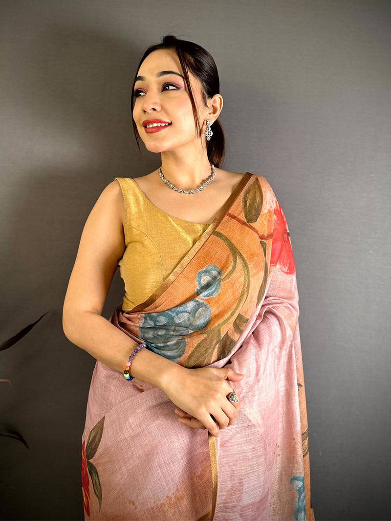 Peach Gold Zari Linen Chanderi Saree