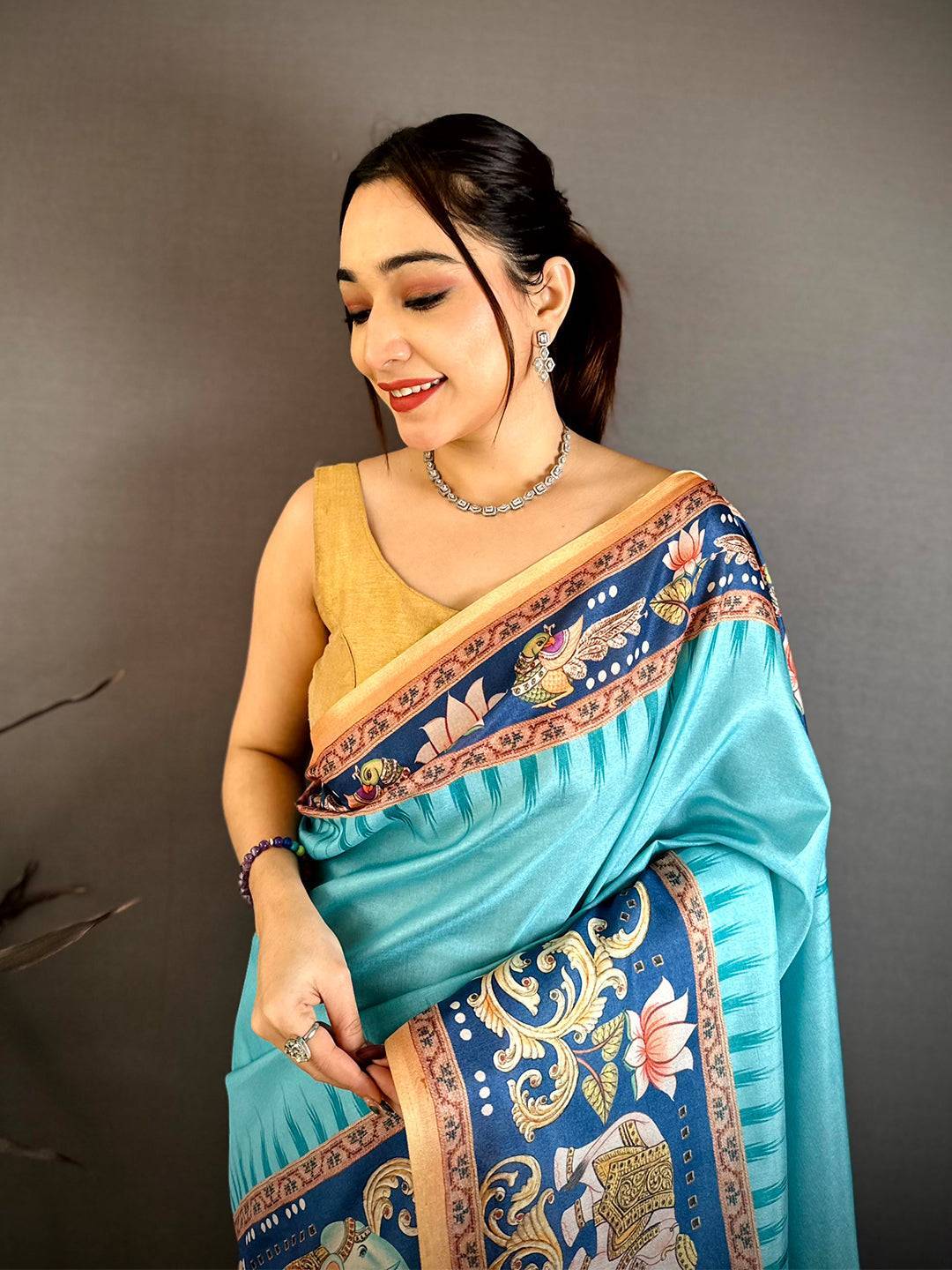Aqua Tanjore Elephant Tussar Saree
