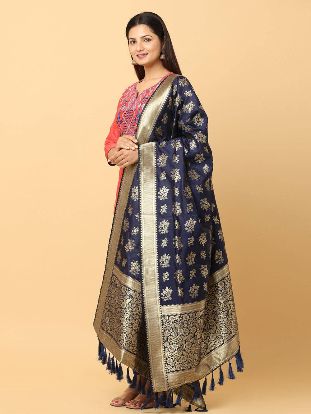 Woven Design Navy Silk Blend Dupatta With Resham Tassels