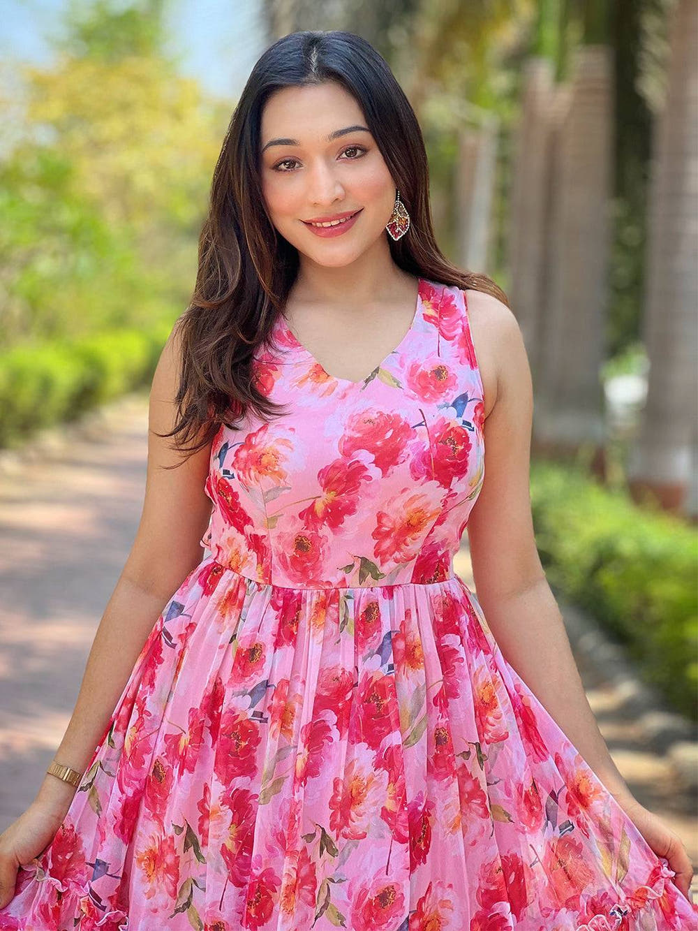 Neon Pink Floral Print Dress