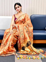 Orange Kota Doriya Silk Saree With Floral Print