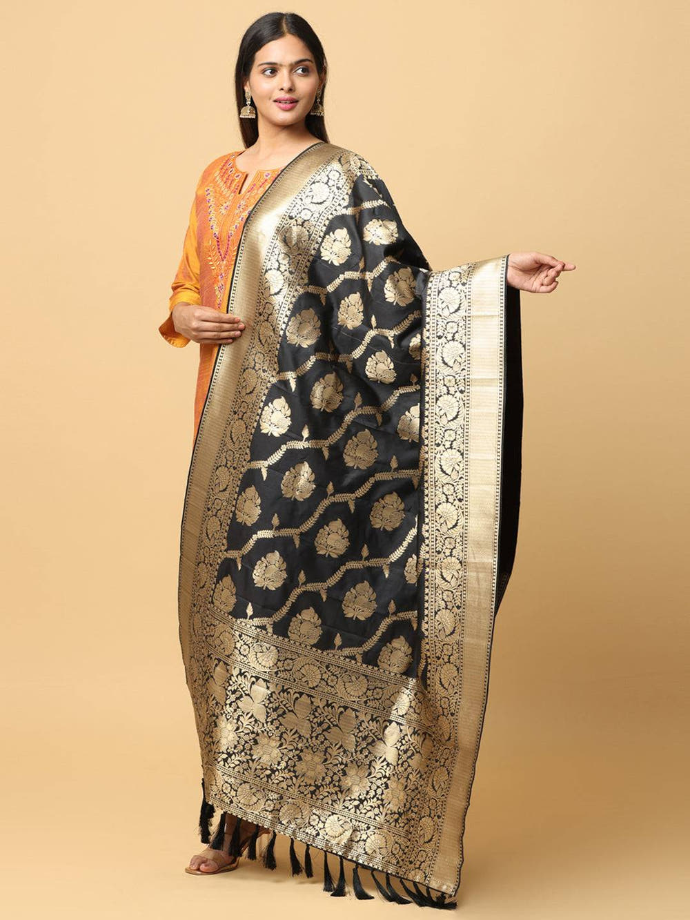 Black Silk Blend Woven Design Dupatta