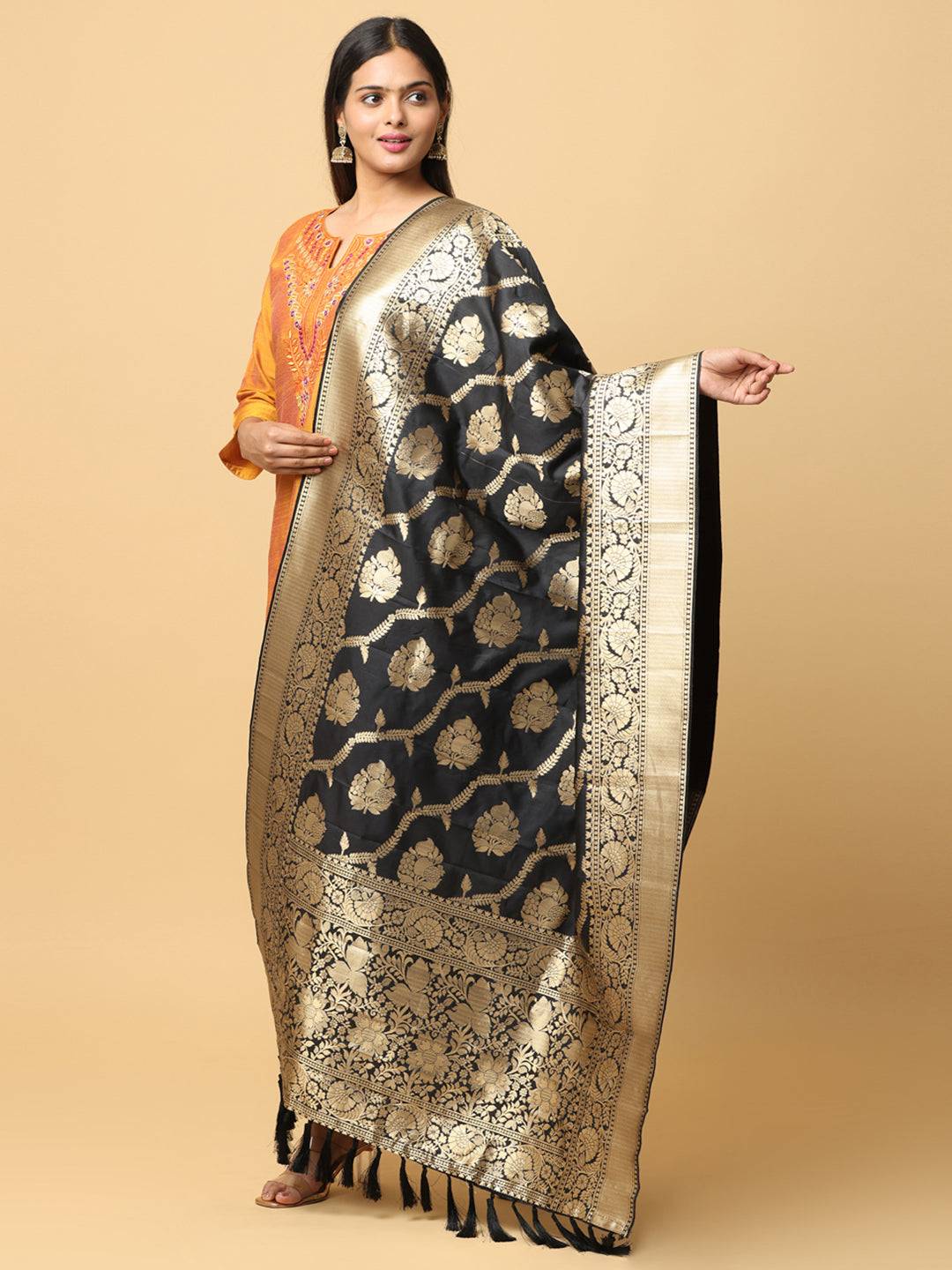 Black Silk Blend Woven Design Dupatta
