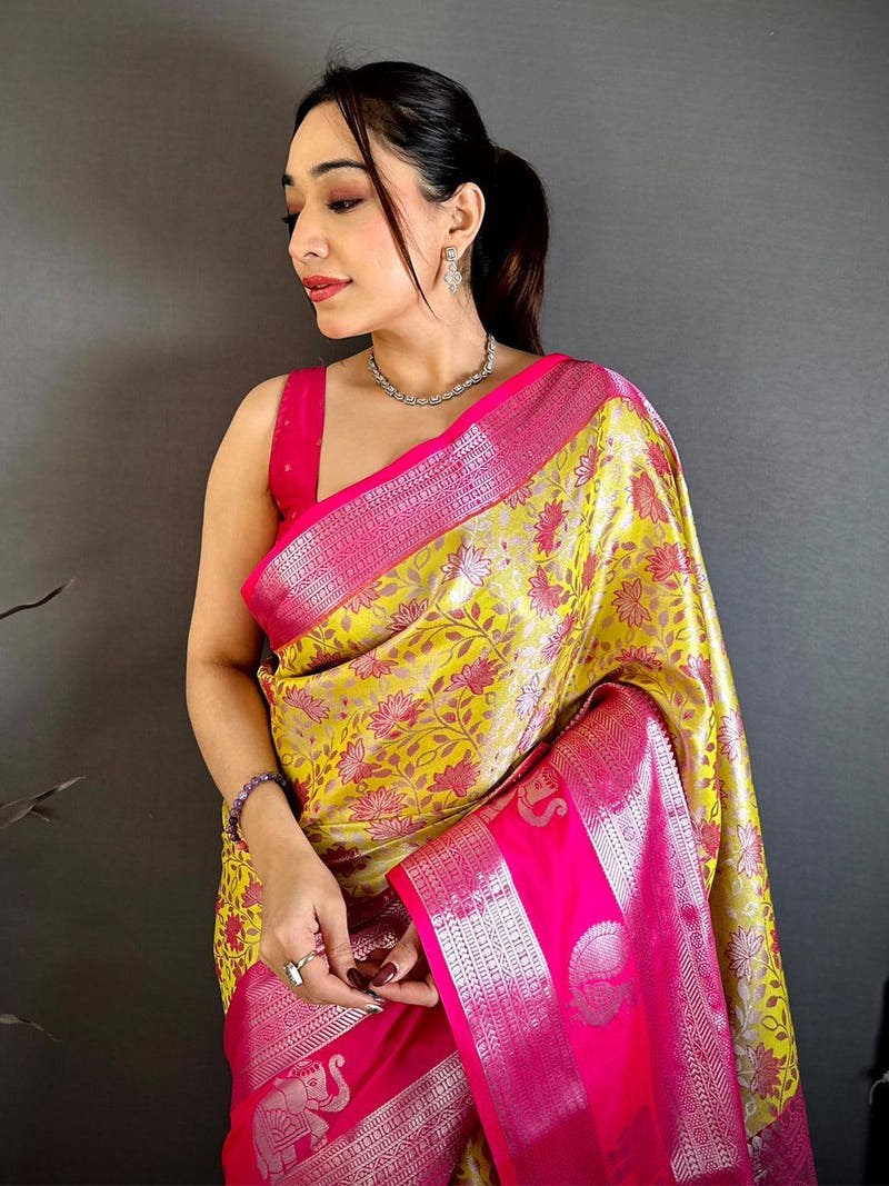 Mustard Dharmavaram Double Ikkat Saree