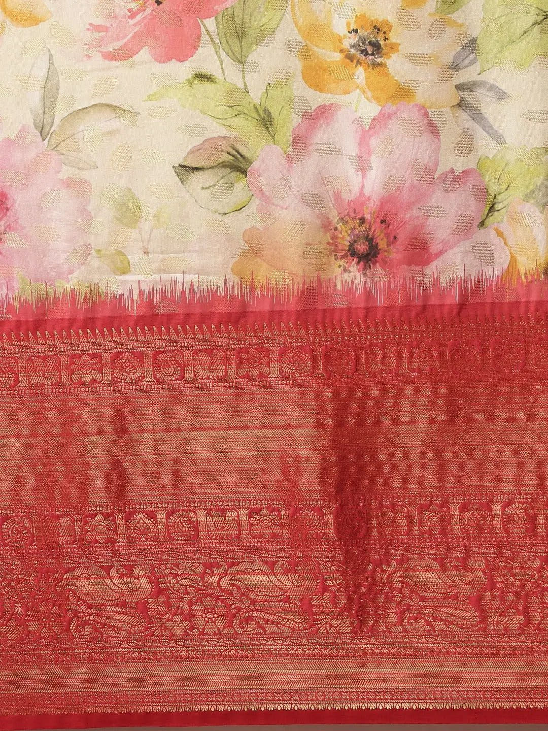 Red Colour Digital Floral Print Pattu Banarasi Silk Saree