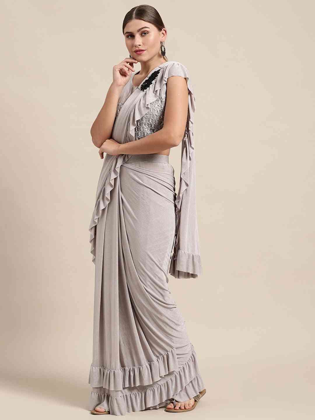 Stylish Viscose Rayon Grey Colour Solid Saree With Ruffel Border