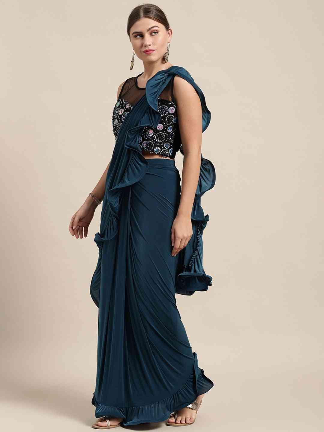 Stylish Viscose Rayon Teal Colour Solid Saree With Ruffel Border