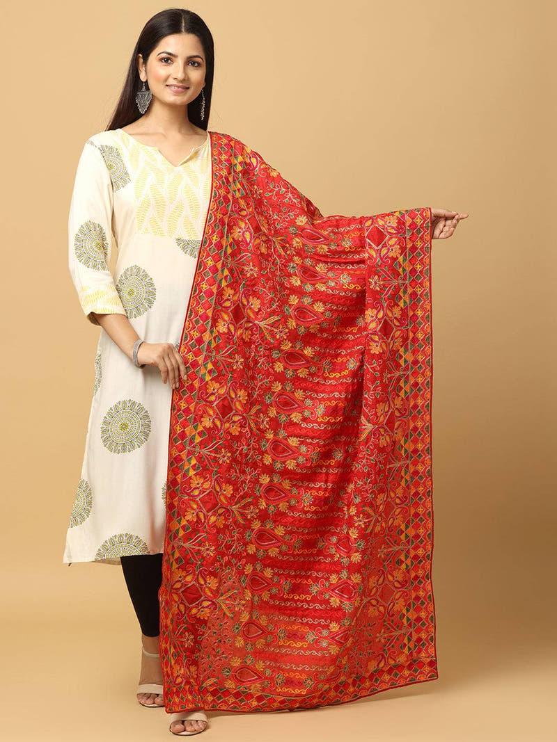 Red Gold Floral Pashmina Dupatta