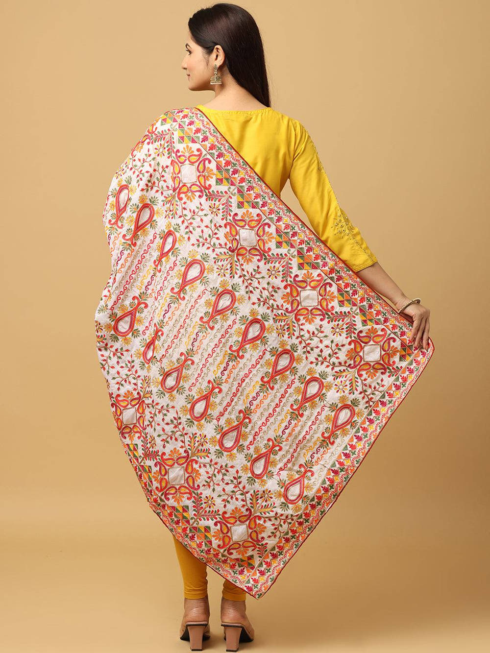 Ivory Orange Paisley Pashmina Dupatta