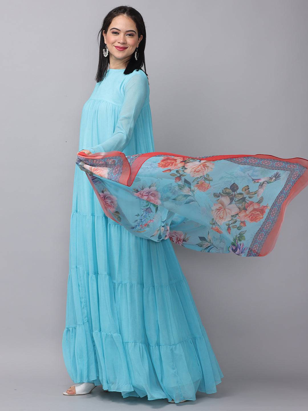 Powder Blue Long Dress With Dupatta