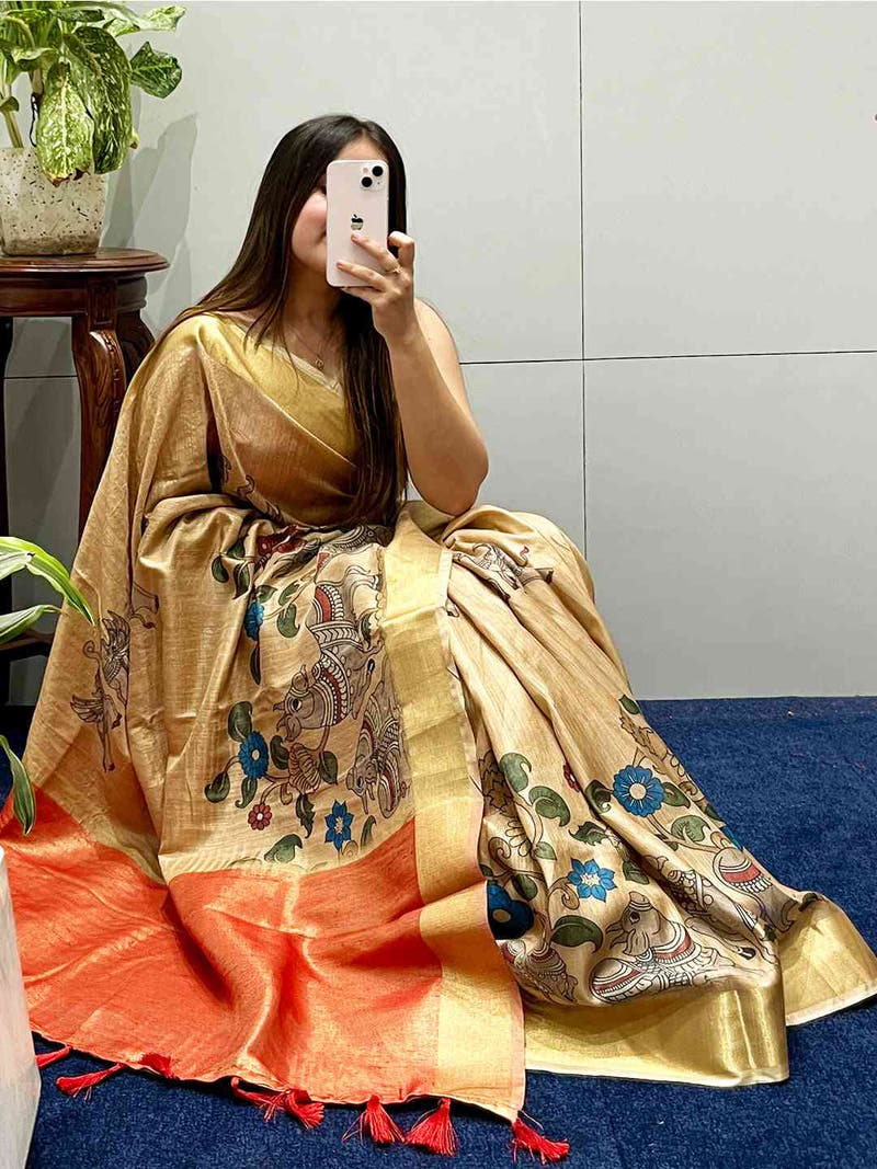 Incredible Pen Kalamkari Linen Tissue Soft Saree