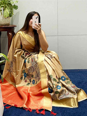 Incredible Pen Kalamkari Linen Tissue Soft Saree