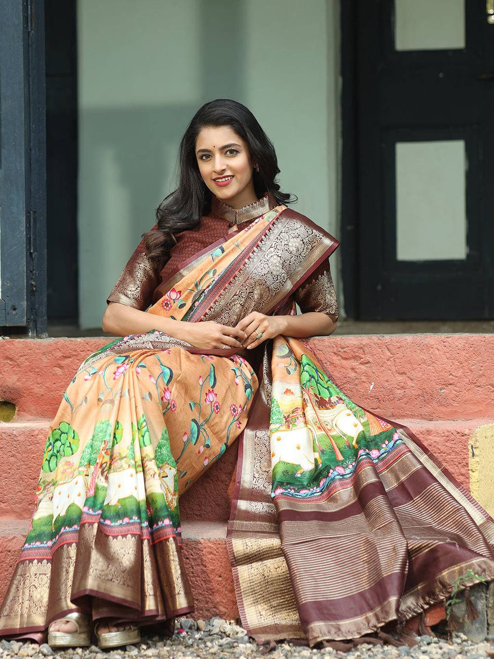 Pichwai Print Zari Weaving Pallu Saree In Peach Colour - Luxe