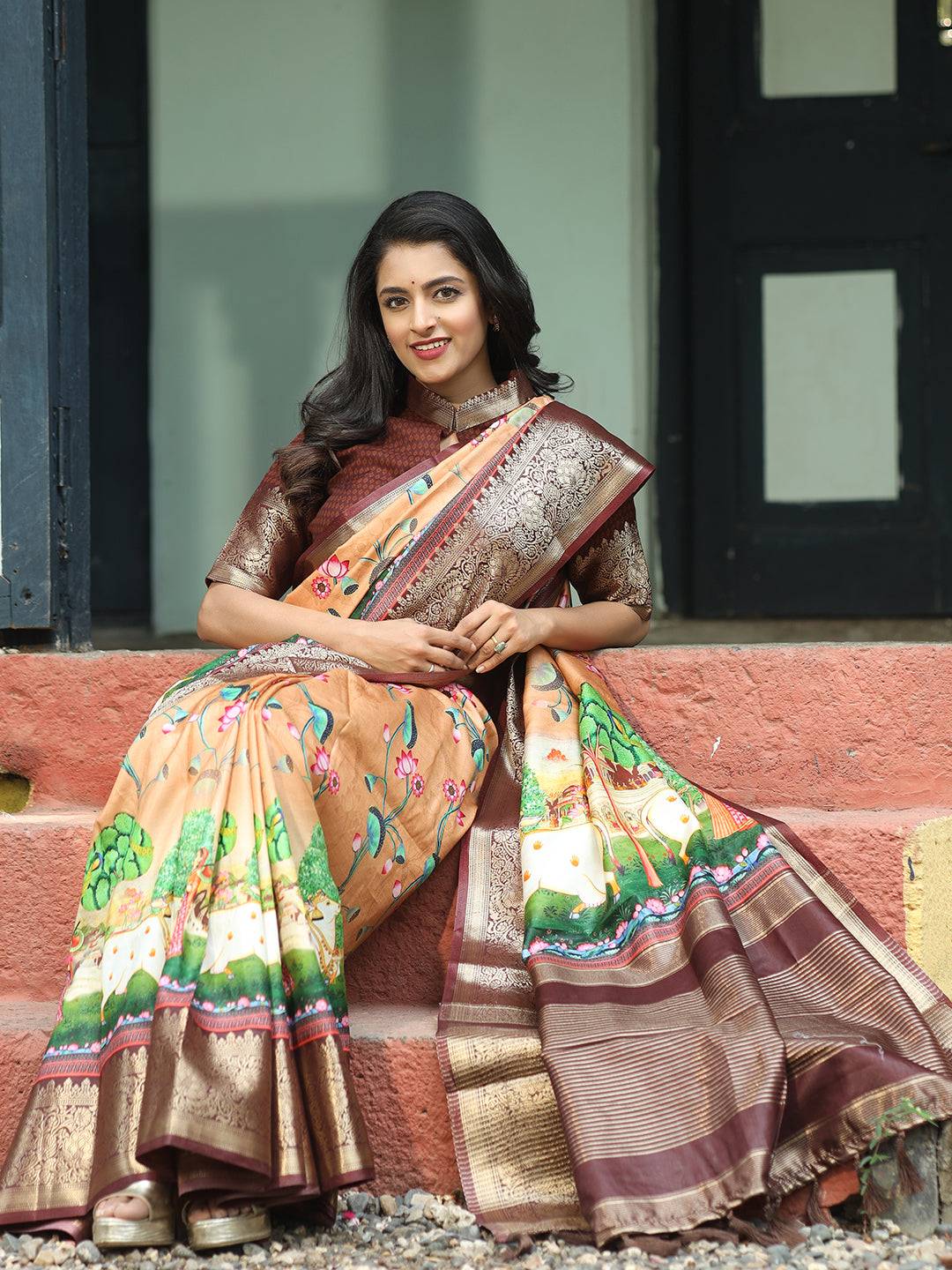 Pichwai Print Zari Weaving Pallu Saree In Peach Colour - Luxe
