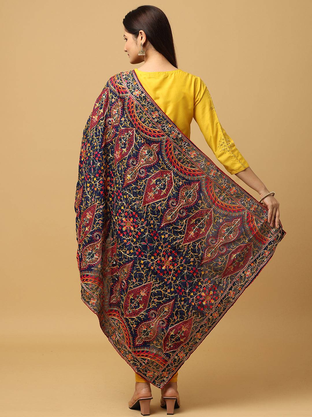 Navy Scallop Border Paisley Pashmina Dupatta