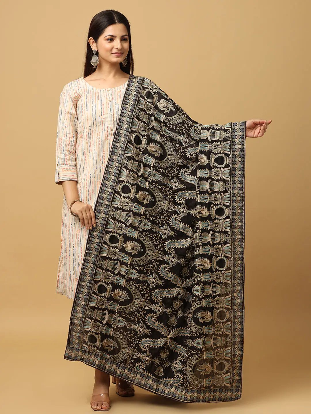 Black Silver Ornate Paisley Pashmina Dupatta