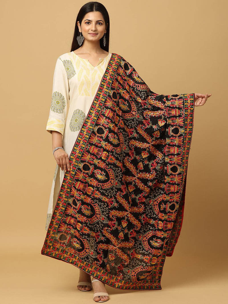Black Rust Paisley Band Pashmina Dupatta