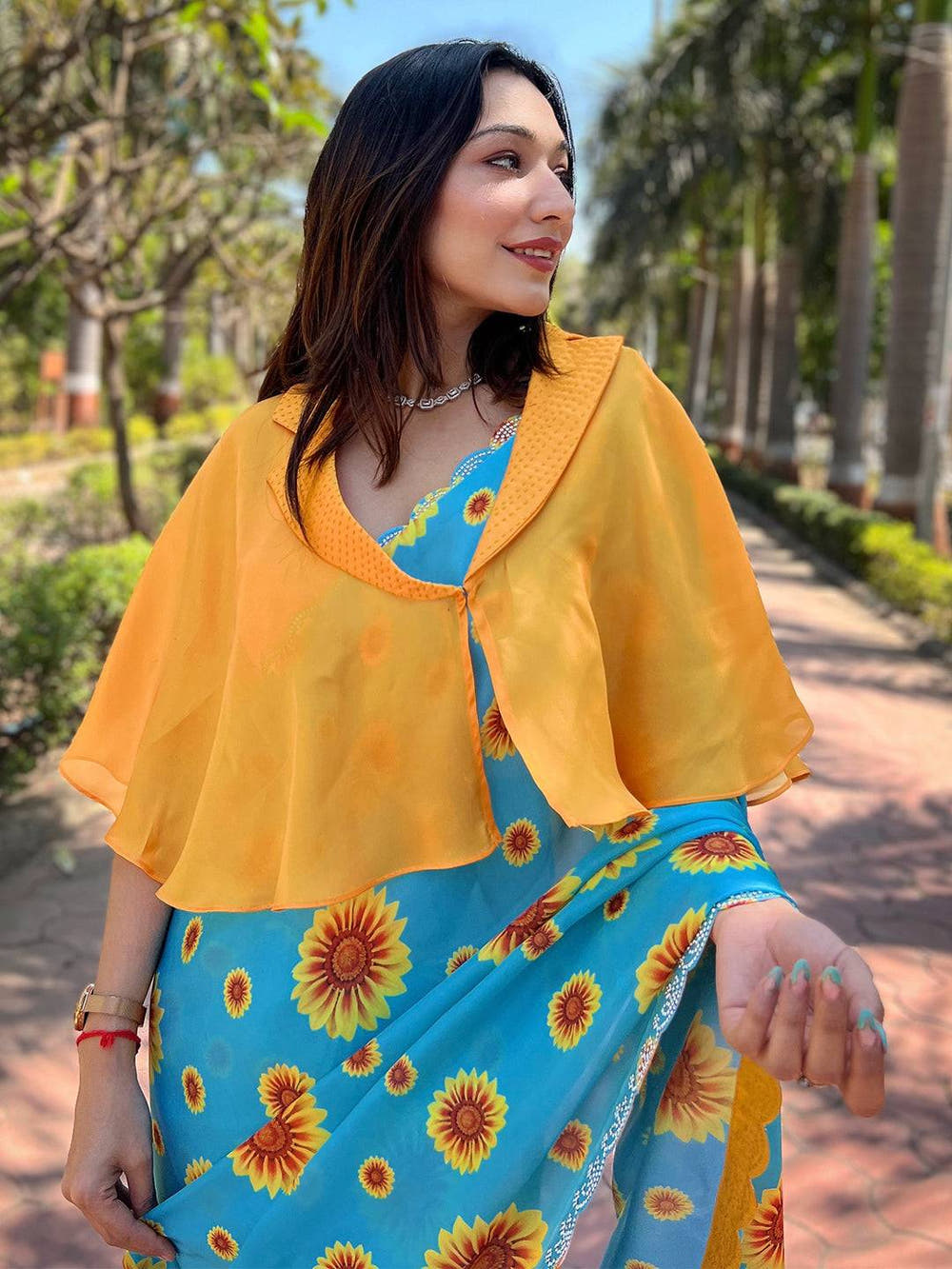 Blue Satin Georgette Floral Print Saree