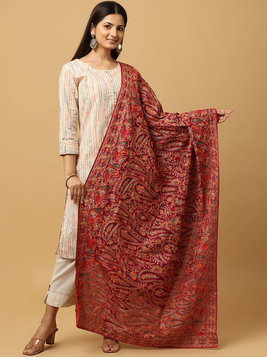 Wine Allover Fine Floral Pashmina Dupatta