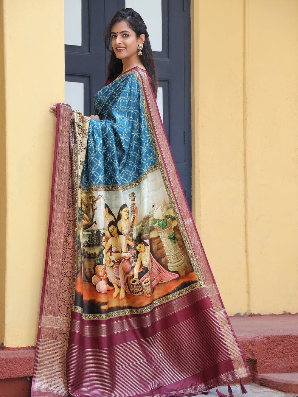 Royal Blue Pure Viscose Dola Silk Saree With Kalamkari And Mughal Print - Luxe