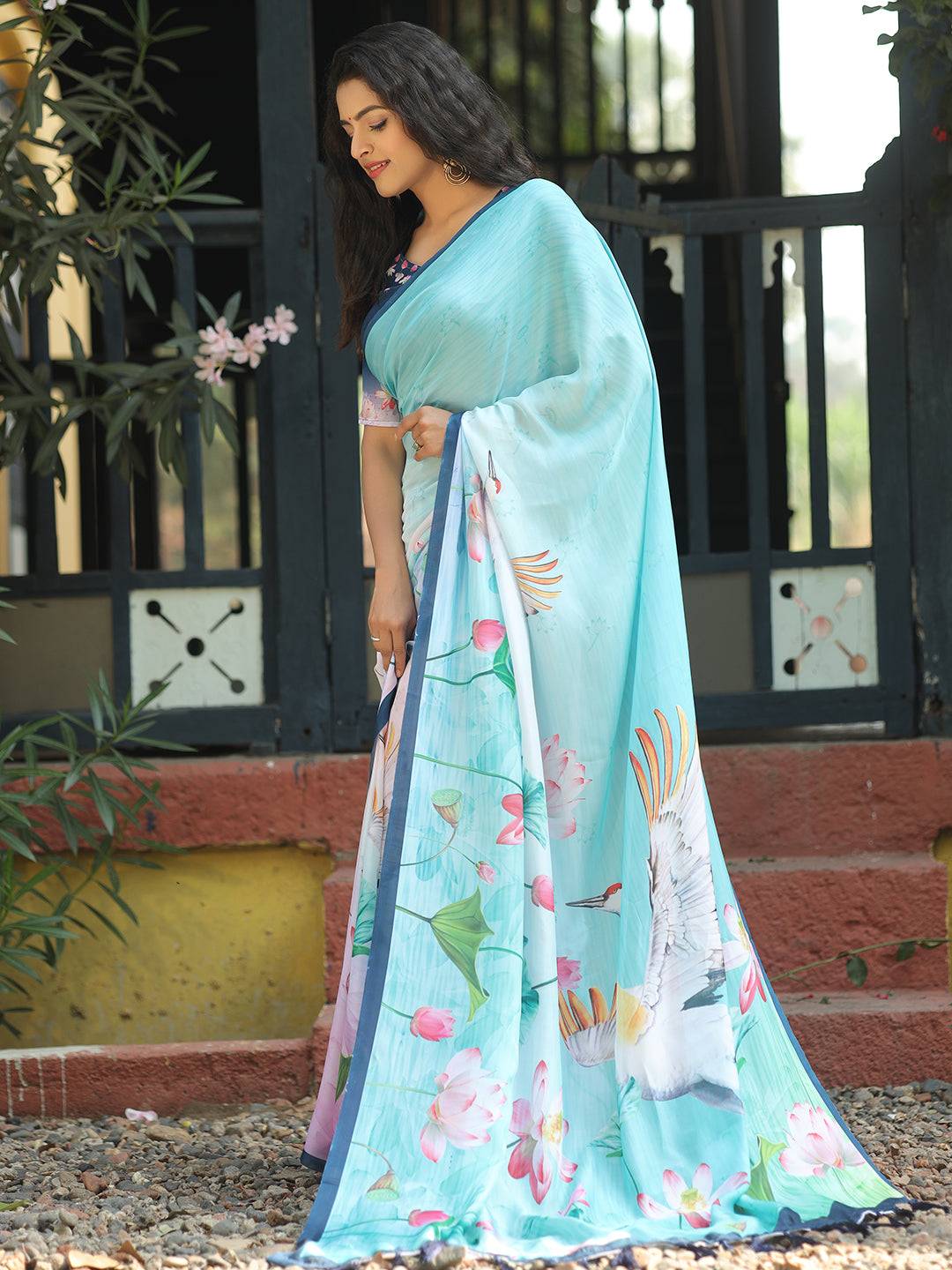 Satin Georgette Aqua Colour Hand Print Saree - Luxe