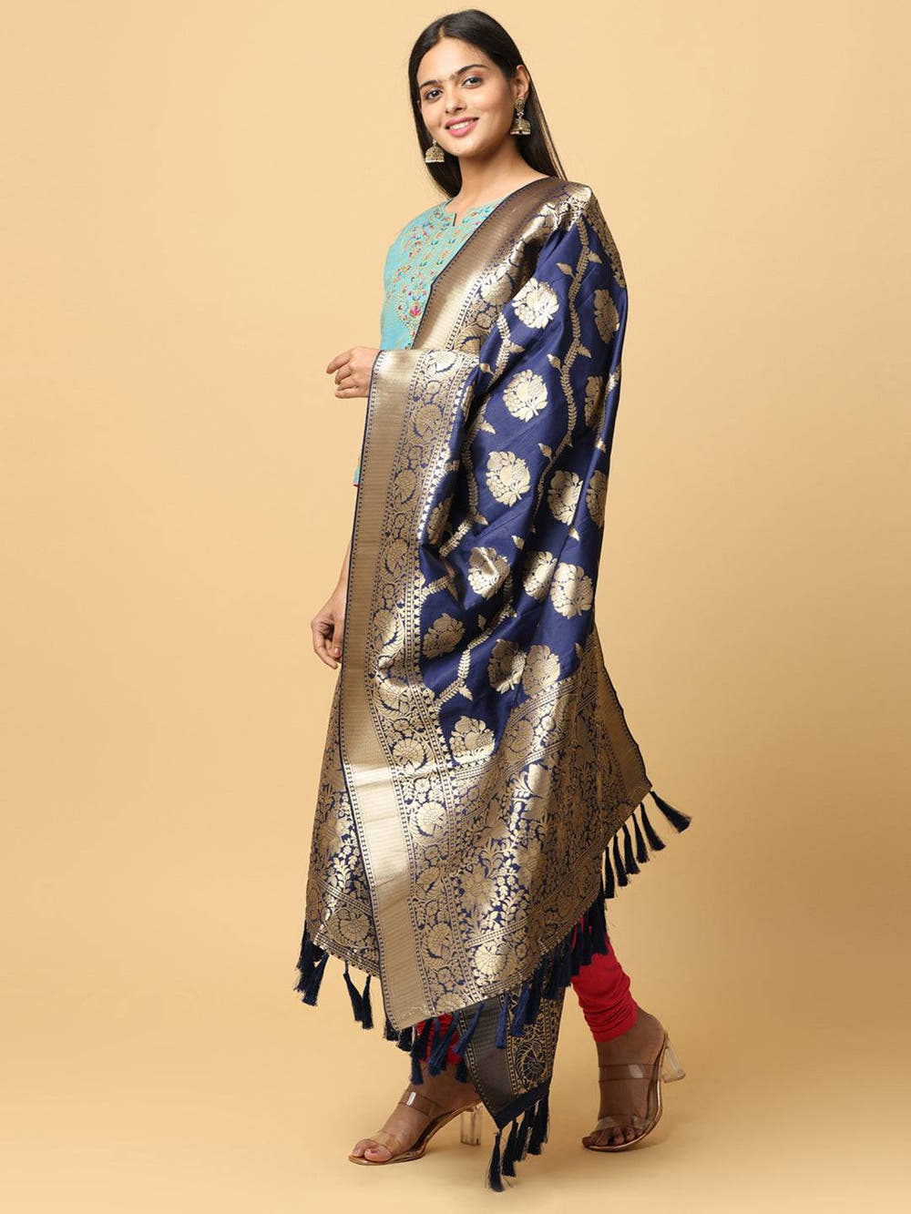 Dark Blue Silk Blend Woven Design Dupatta
