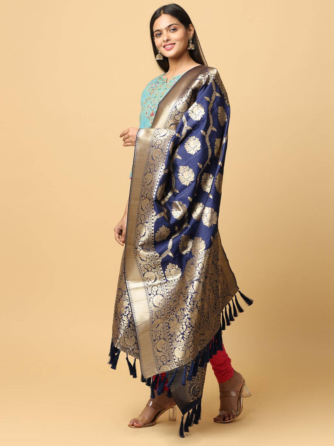 Dark Blue Silk Blend Woven Design Dupatta
