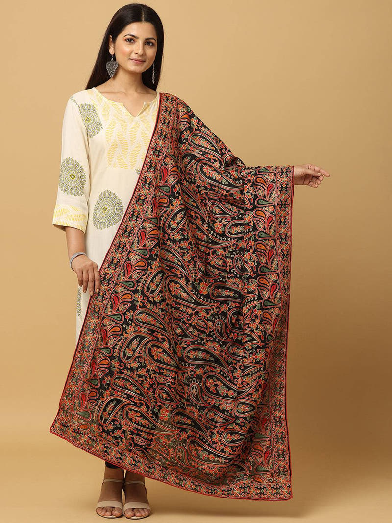 Black Rich Dense Floral Pashmina Dupatta