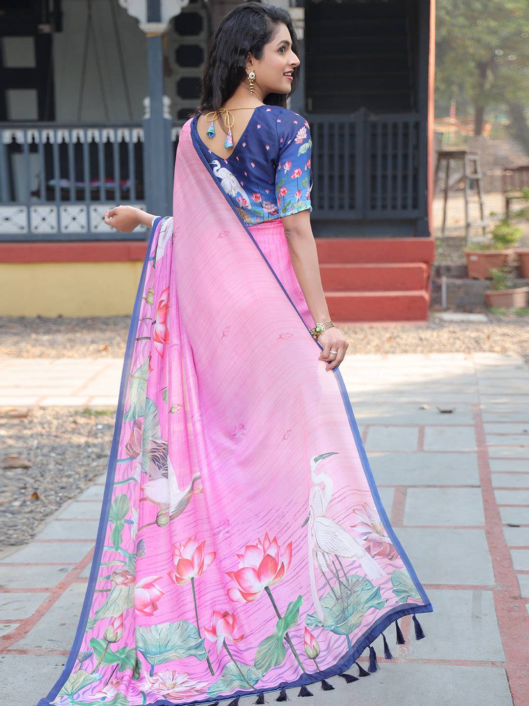 Satin Georgette Dark Pink Colour Hand Print Saree - Luxe