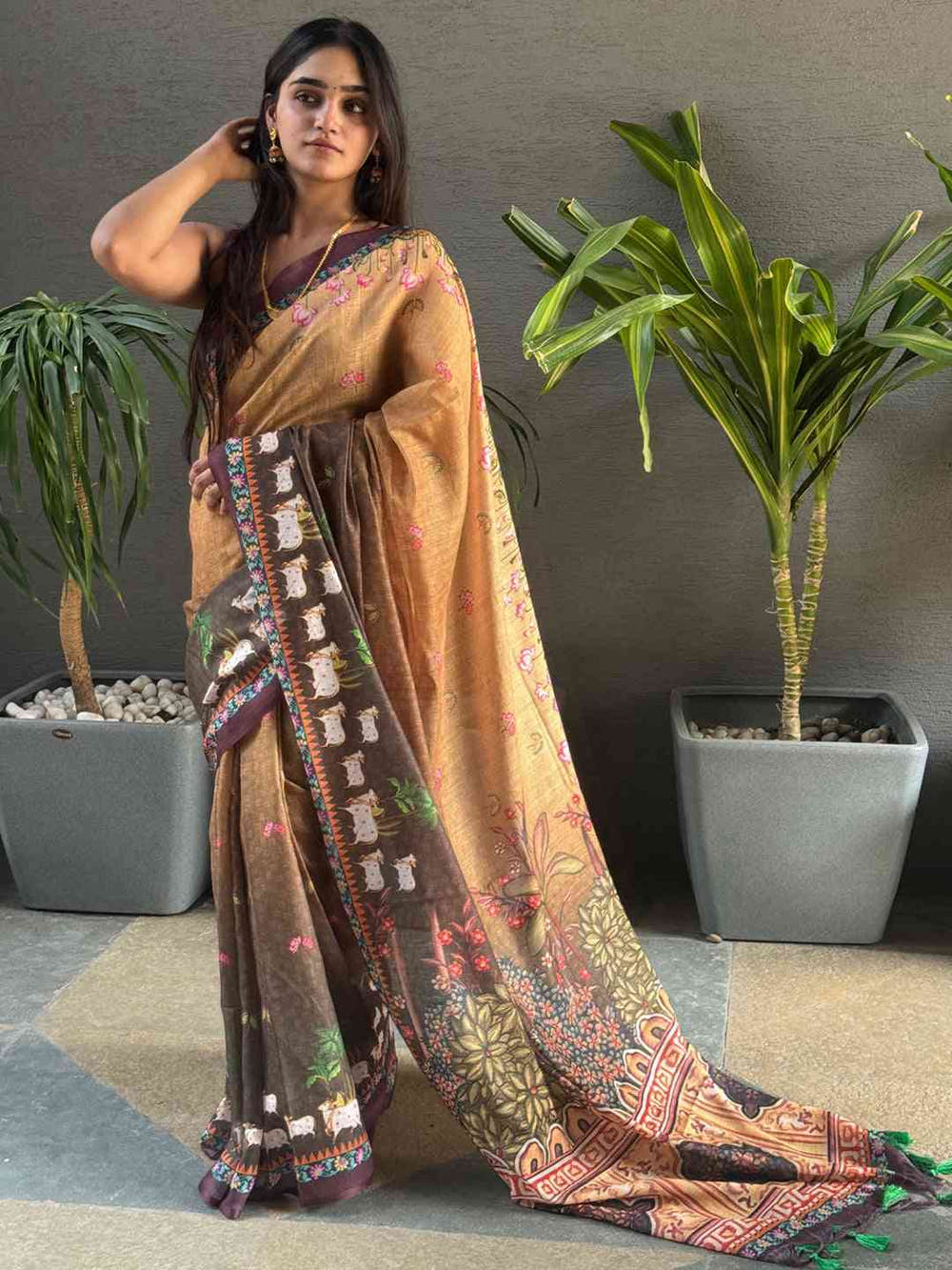 Soft Linen Ombre Pichwai Printed Brown Colour Saree