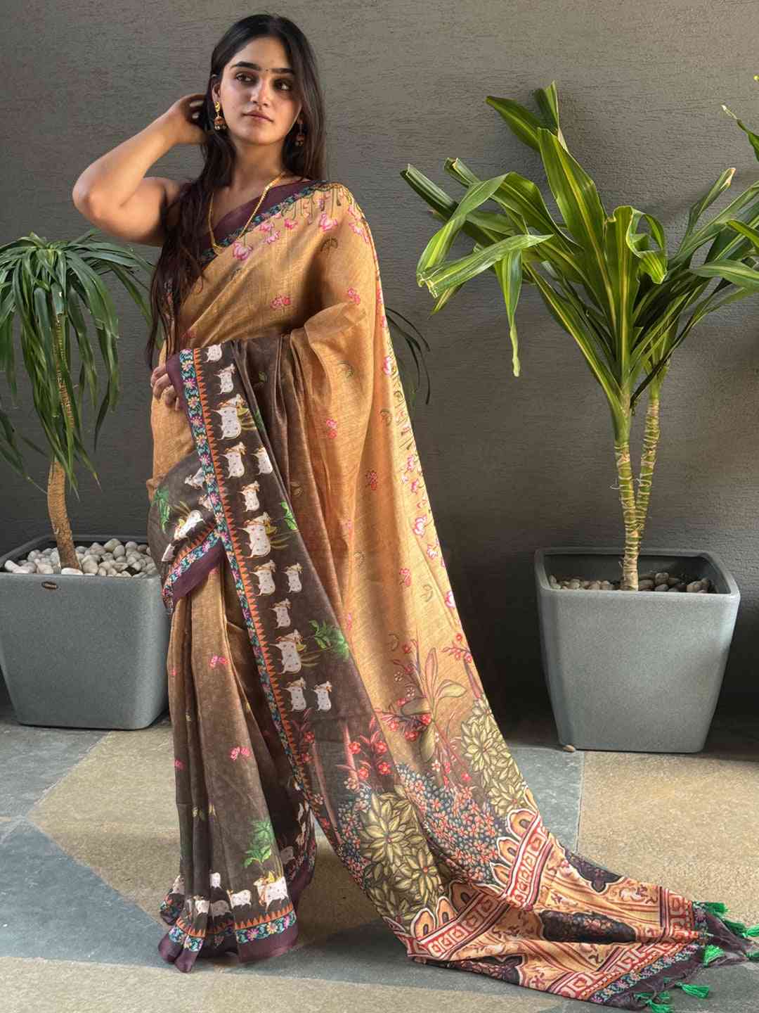 Soft Linen Ombre Pichwai Printed Brown Colour Saree