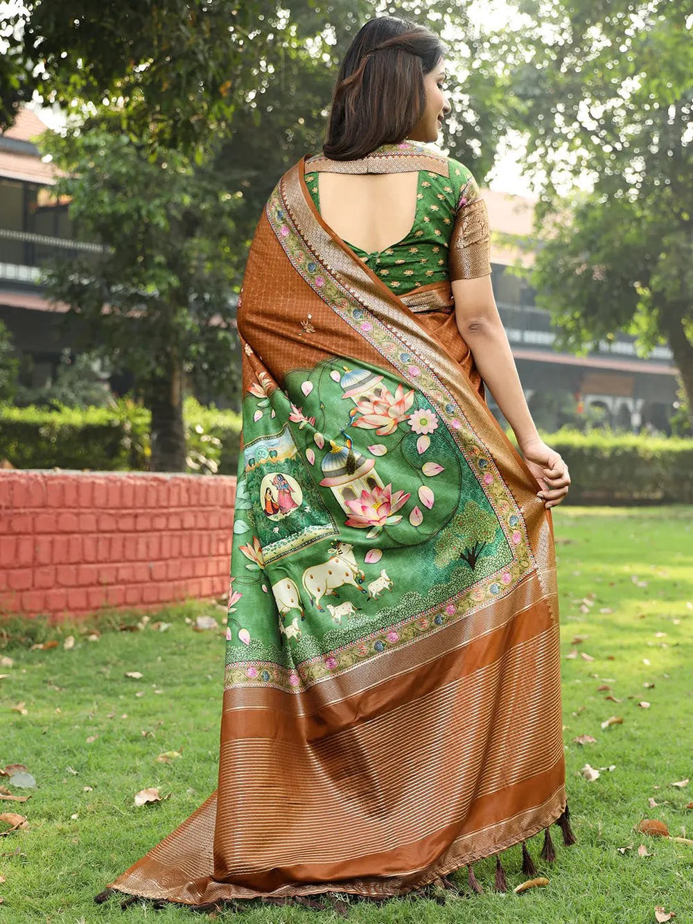 Brown Colour Pure Viscose Dola Silk Saree with Pichwai Kalamkari Print - Luxe