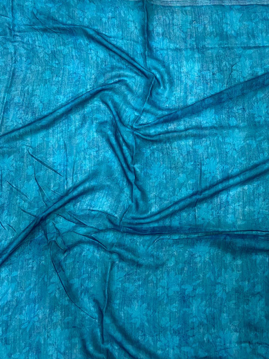Sky Blue Linen Kalamkari Printed Saree