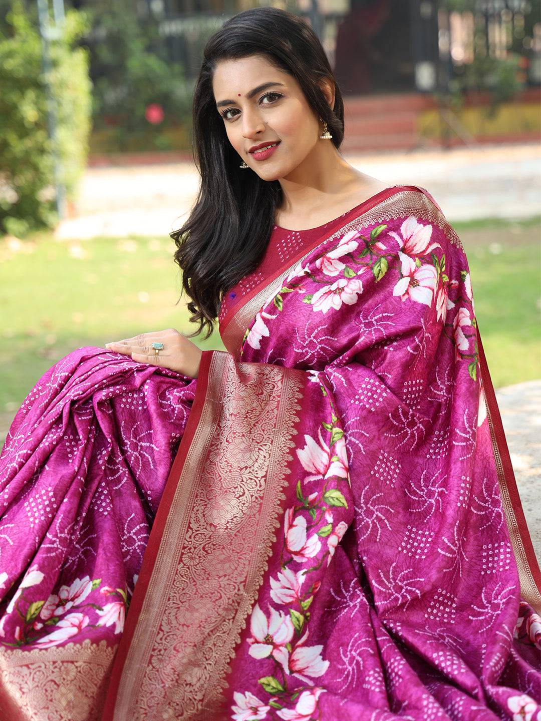 Magenta Pure Viscose Dola Silk Saree With Floral Print Border - Luxe