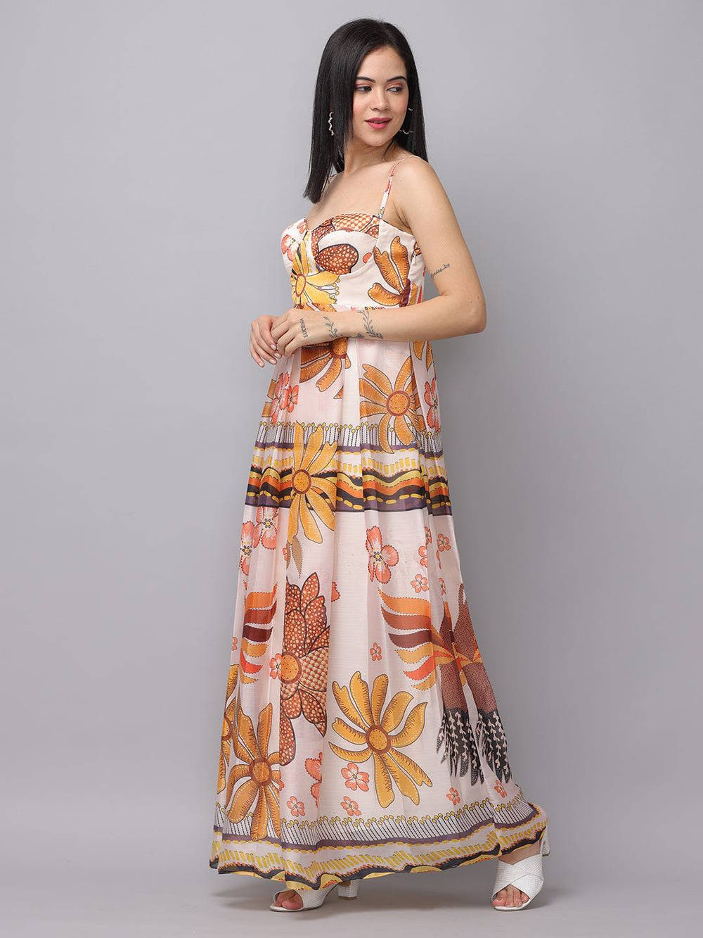 Off White Chiffon Print Dress