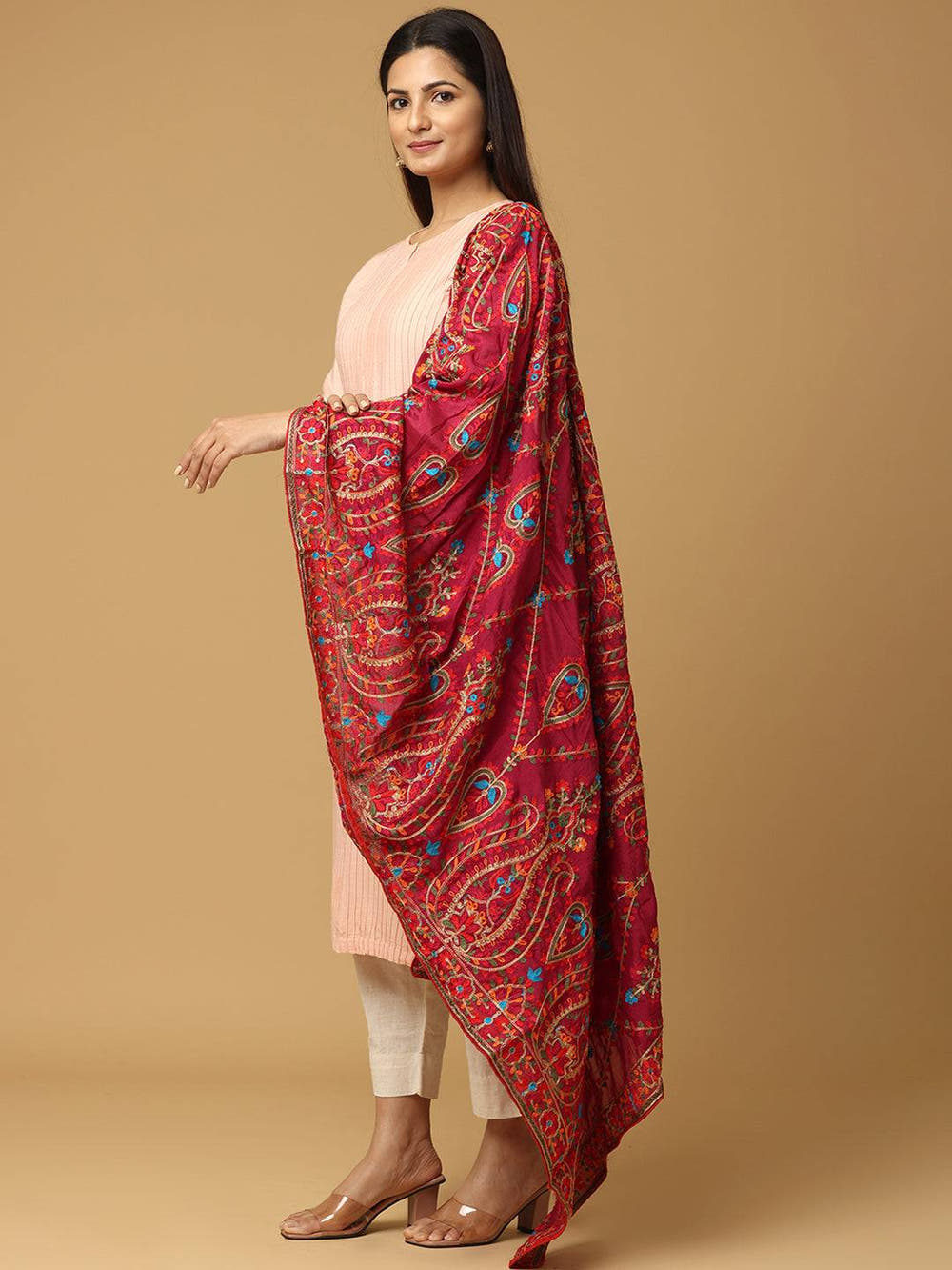 Wine Pink Floral Pashmina Dupatta