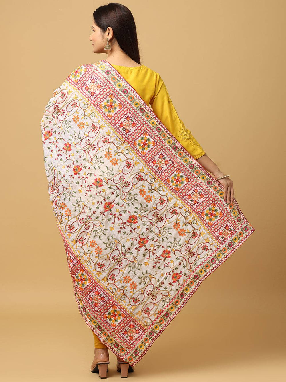 Ivory Pink Fine Floral Pashmina Dupatta