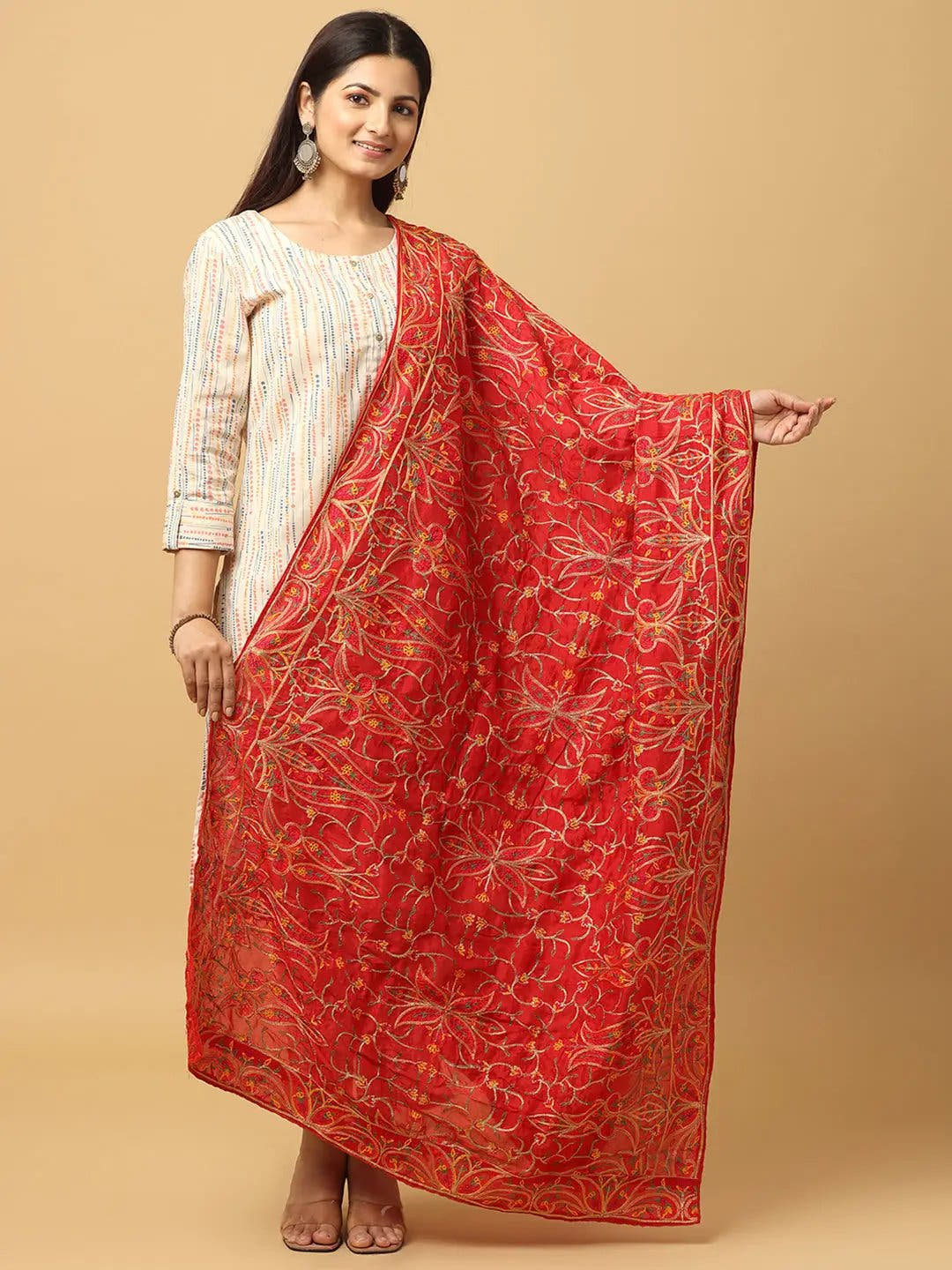 Red Warm Dense Floral Pashmina Dupatta