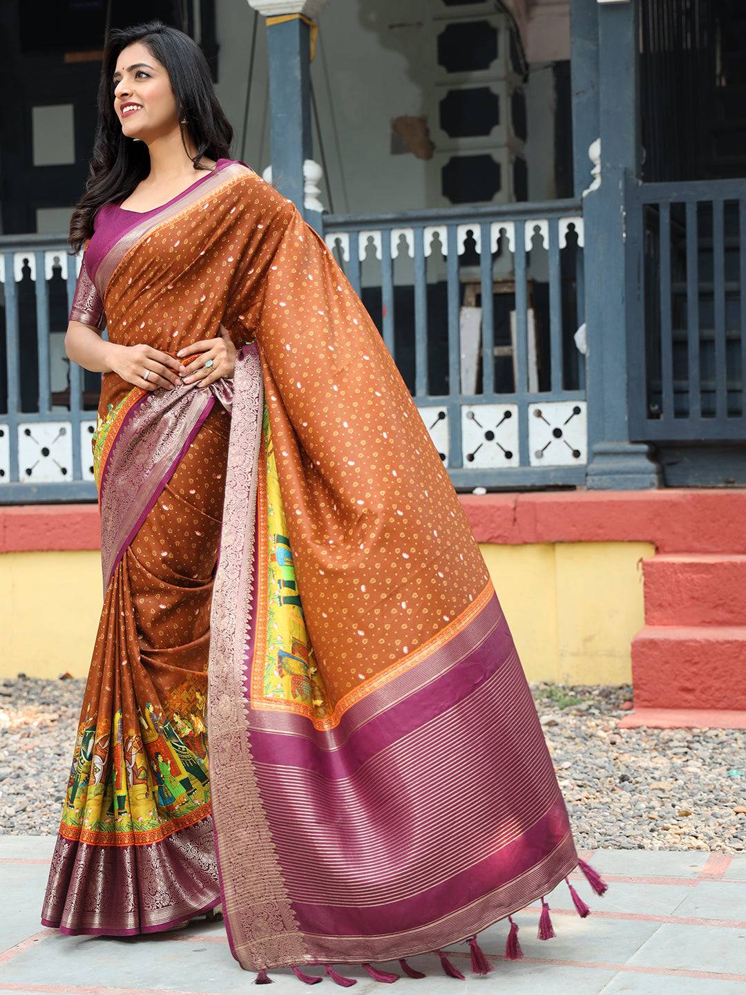 Brown Pure Viscose Dola Silk Saree with Exquisite Bhandhej Print - Luxe