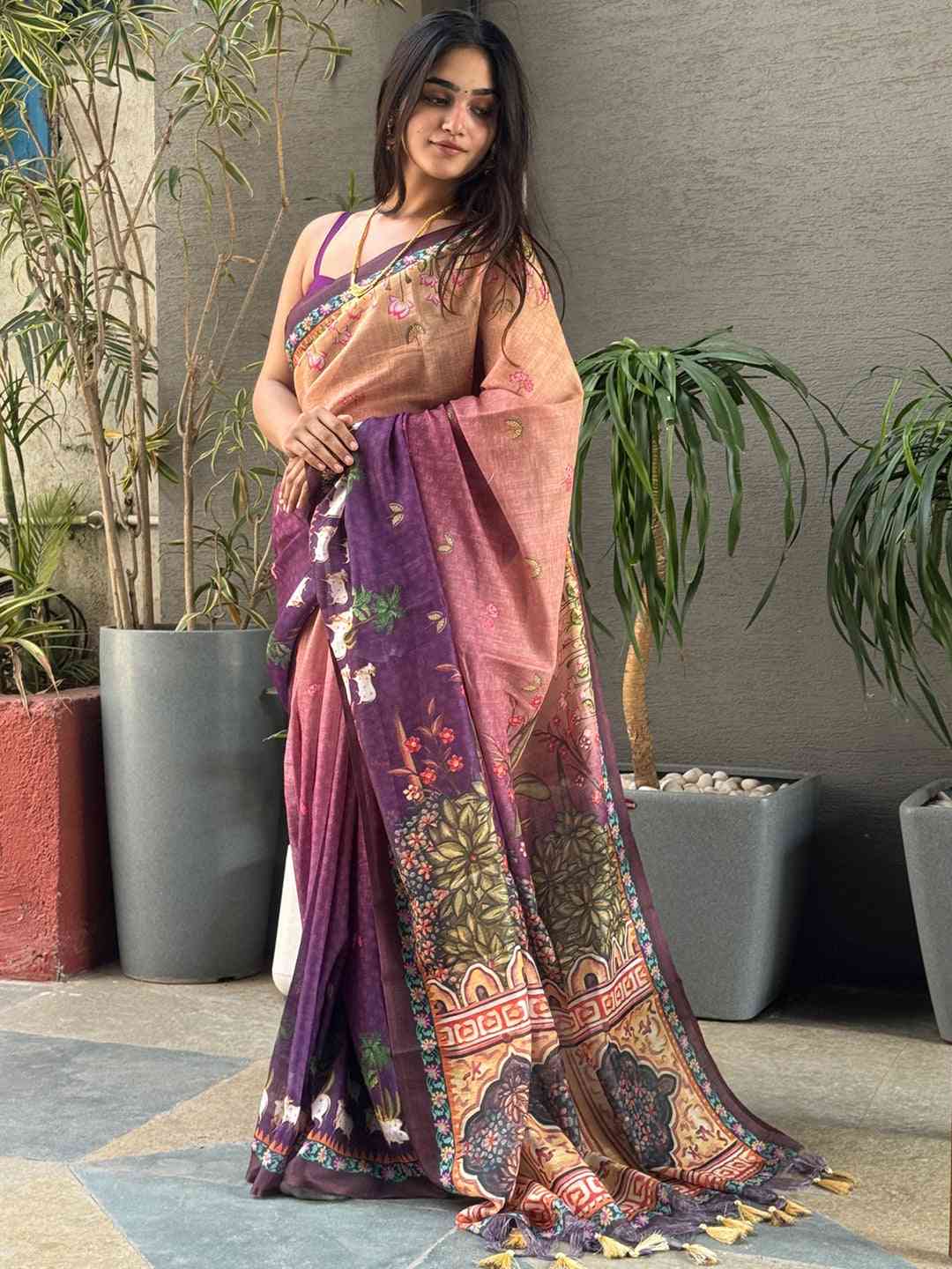 Soft Linen Ombre Pichwai Printed Purple Colour Saree