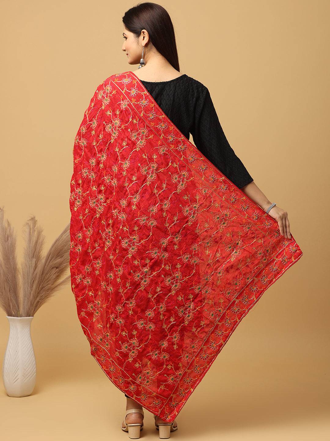Red Vivid Floral Spray Pashmina Dupatta