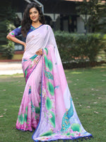 Satin Georgette Pink Colour Hand Print Saree - Luxe