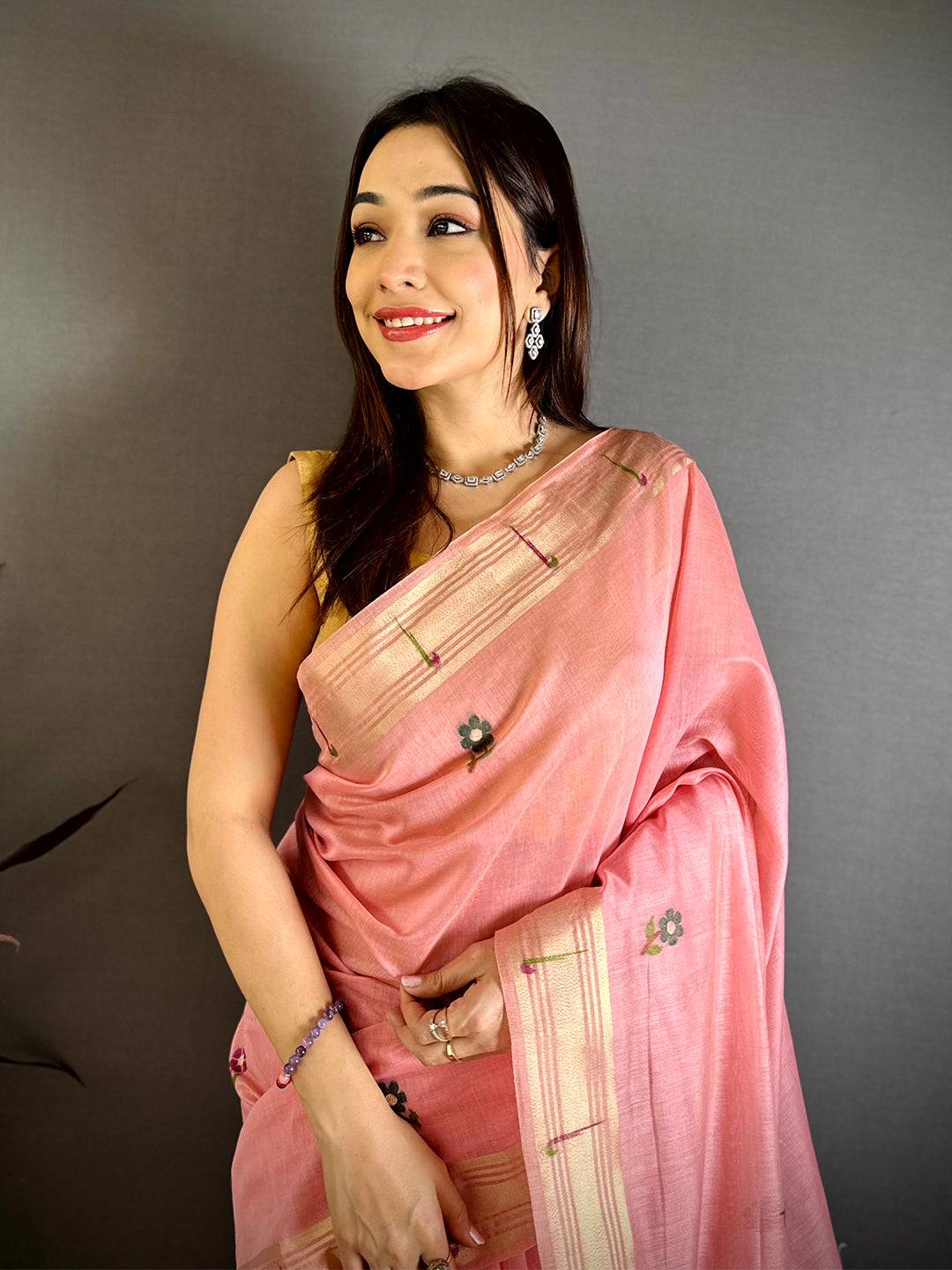 Pink Sunflower Minakari Khadi Saree