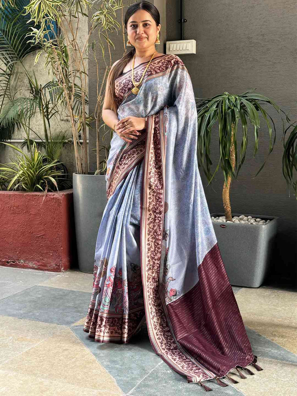 Silver Colour Satin Kota Doria Digital Kalamkari Zari Pallu