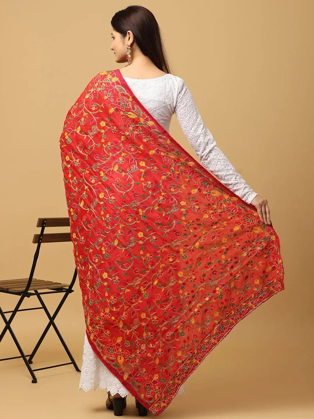 Red Scattered Multicolour Pashmina Dupatta