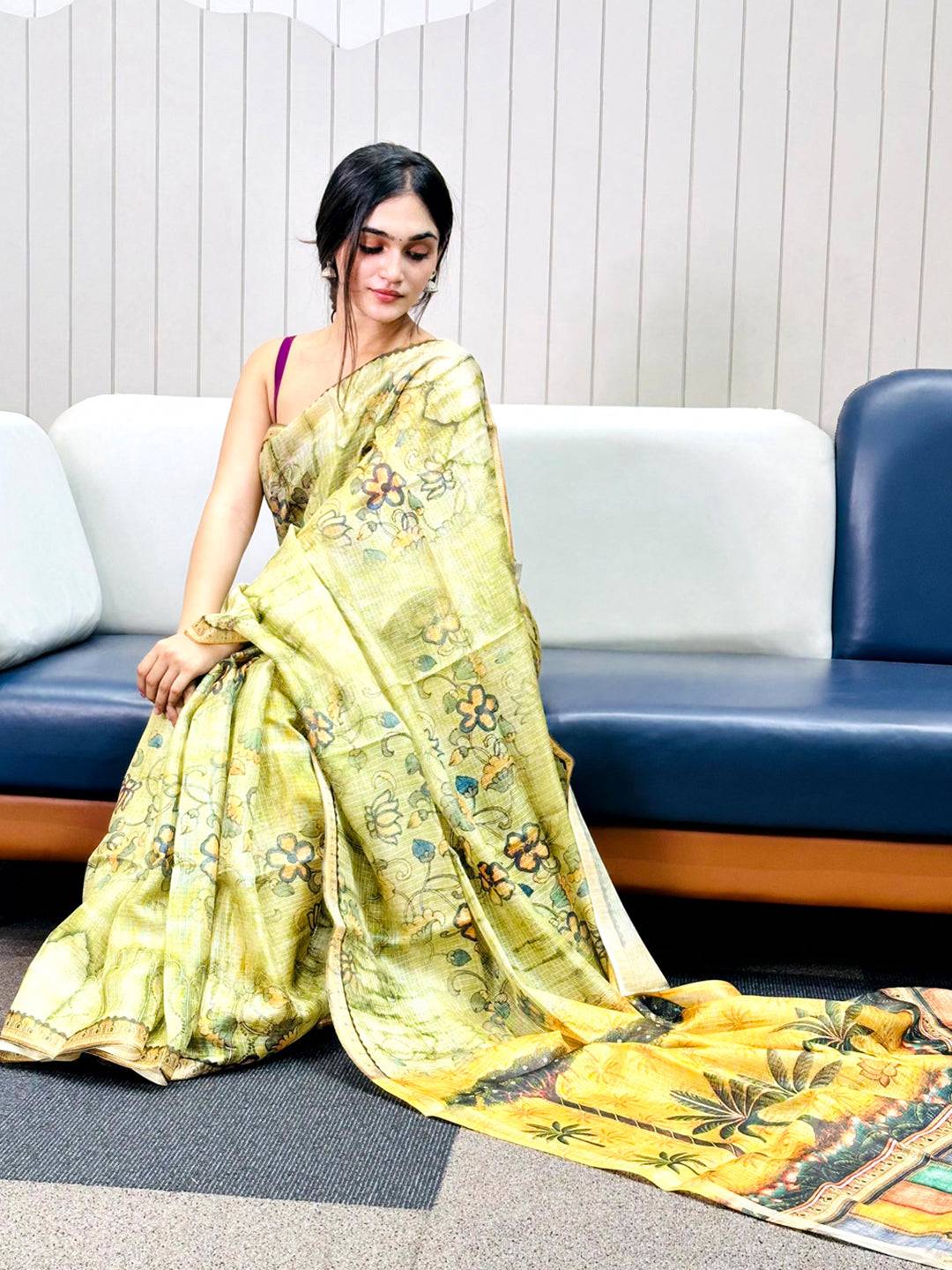 Light Green Kota Doriya Silk Saree With Floral Print