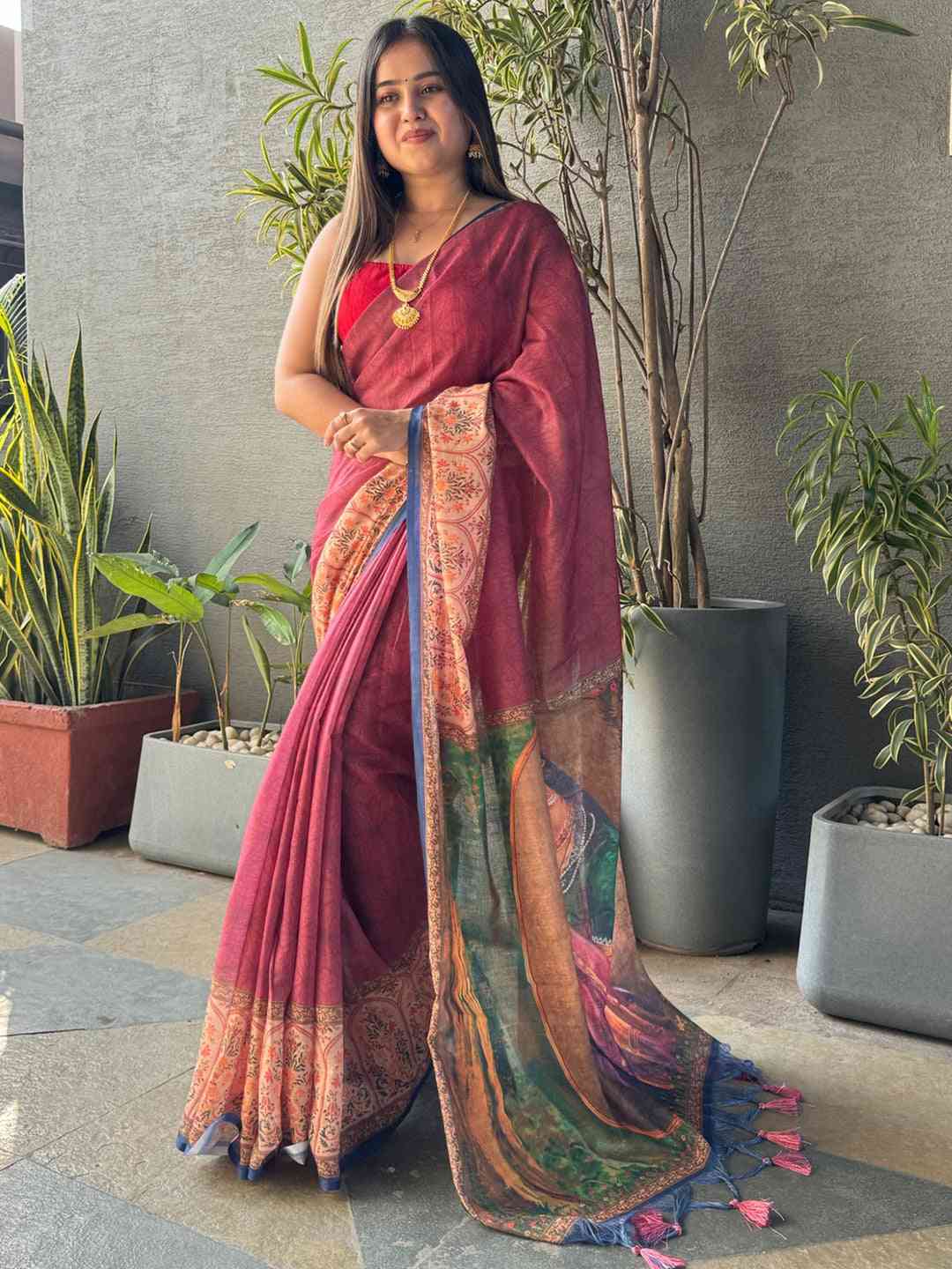 Burgundy Colour Ikkat Print Saree With kalamkari Block Print Design