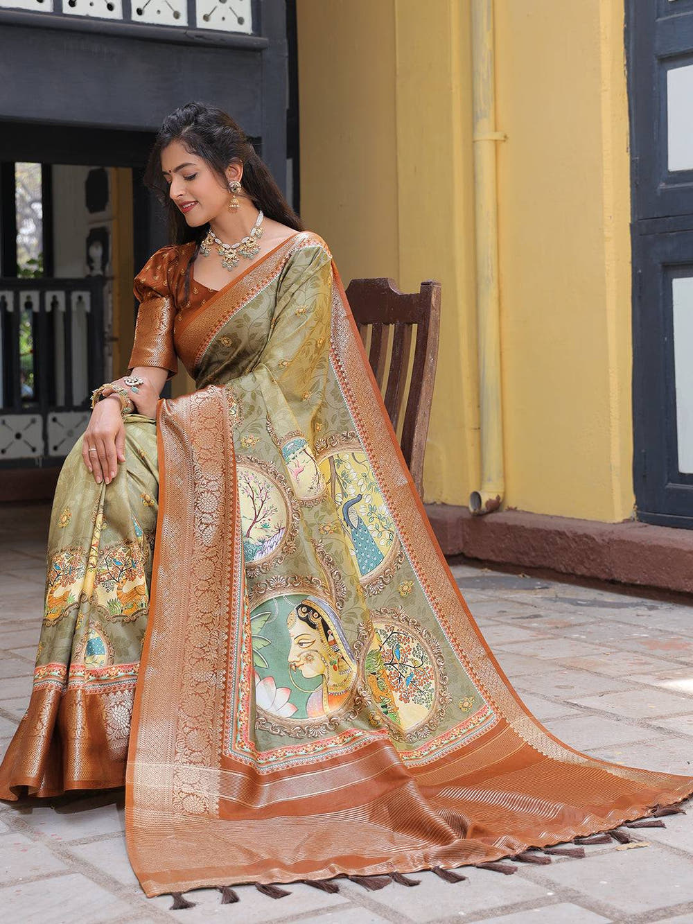 Pure Viscose Dola Silk Saree With Zari Weaving Pallu In Olive Colour - Luxe